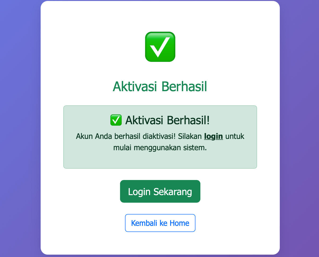 Aktivasi Berhasil